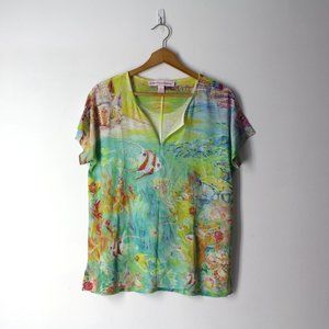 Leoma Lovegrove sz S lightweight tunic top blouse tropical fish art studs